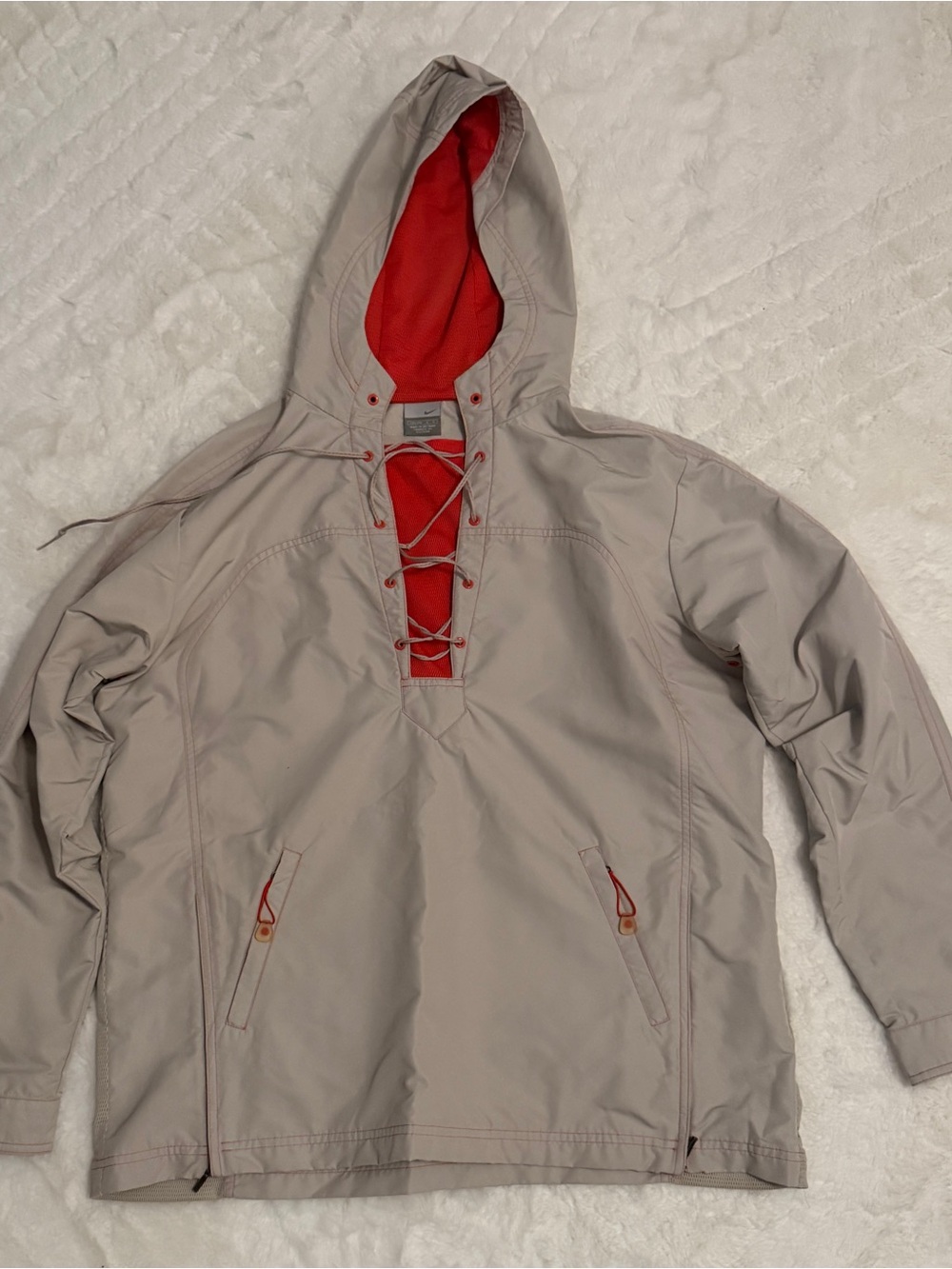Nike Vintage Womens Large Hooded Anorak Pullover Jacket Beige Orange Lace Up Y2K